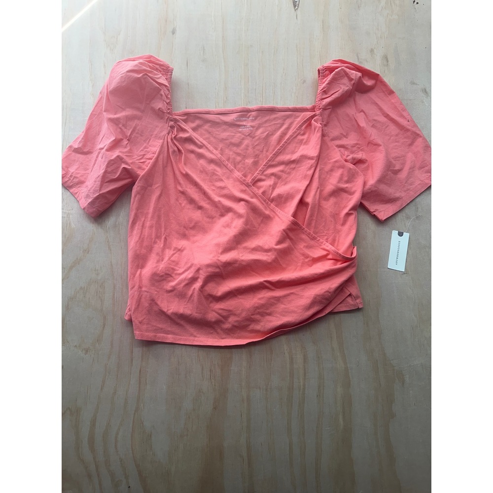 Anthropologie Puff‎ Sleeve Surplice Wrap Top orangeish cotton Knit Large NWT
